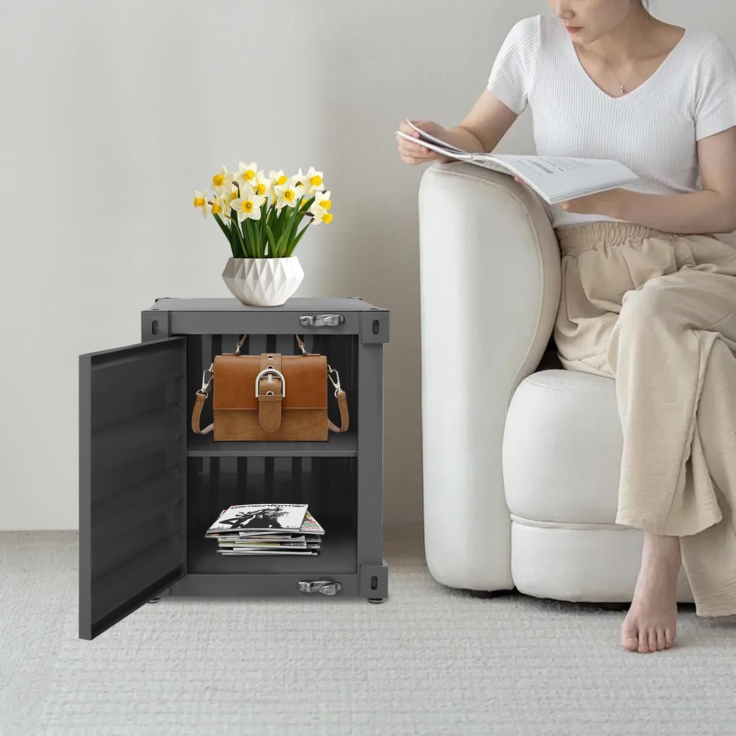 Industrial Nightstand with Storage 🖤 Modern Bedside Table